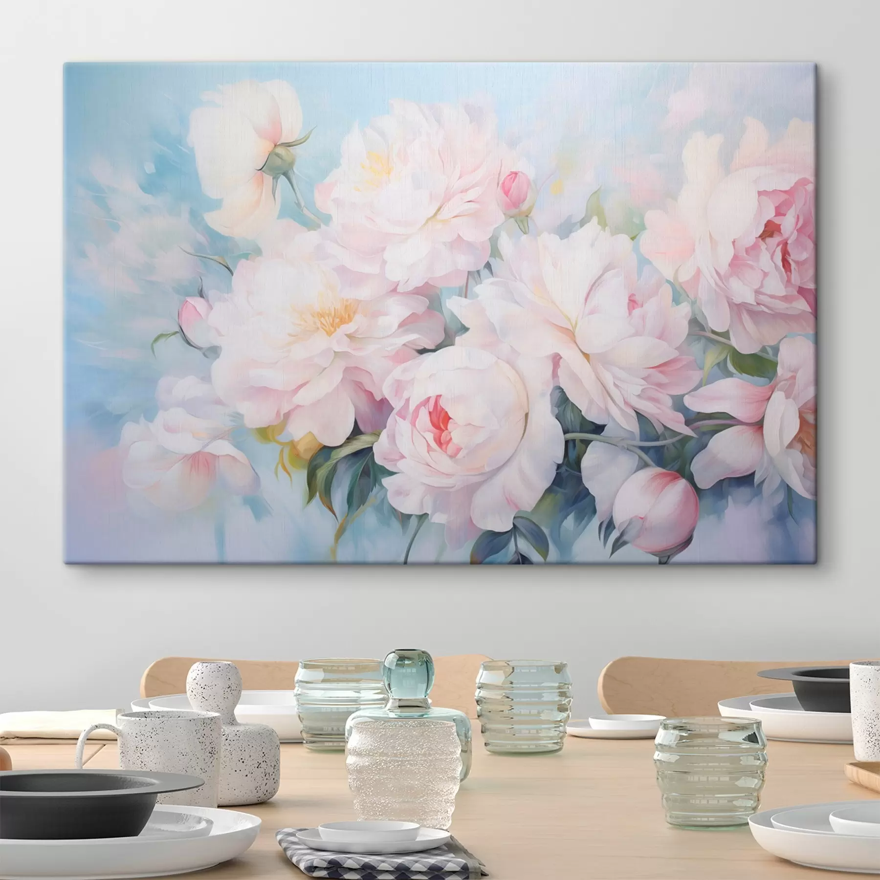 Tableau Délicates pivoines roses sur fond bleu ciel s45813