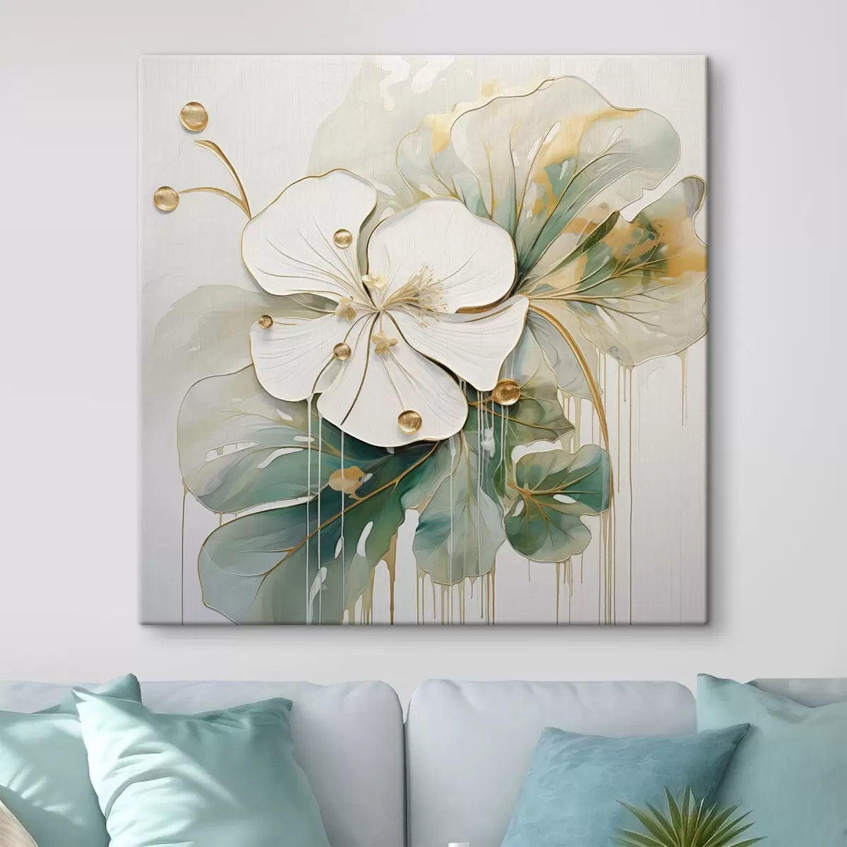 Tableau Une fleur blanche avec des détails jaune-orange et des feuilles vertes s45815