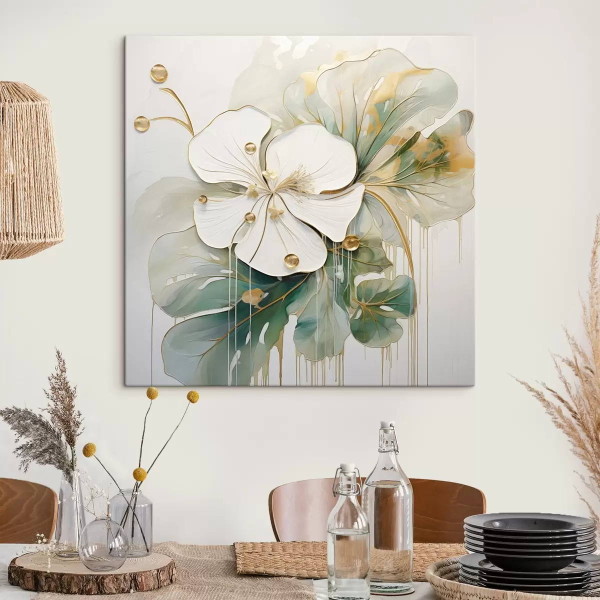 Tableau Une fleur blanche avec des détails jaune-orange et des feuilles vertes s45815