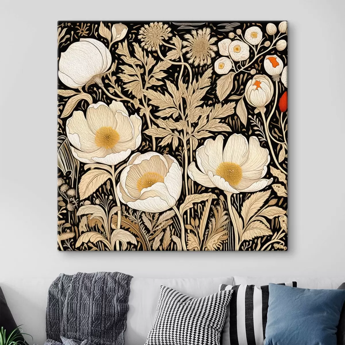 Tableau Fleurs et herbes crème sur fond noir s45816