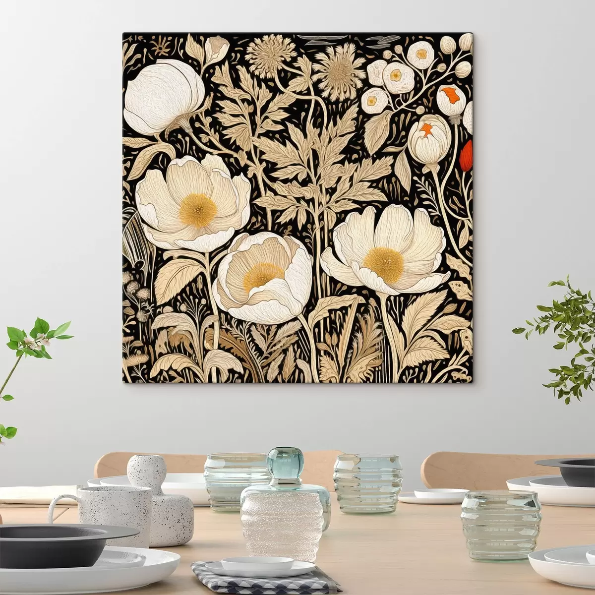 Tableau Fleurs et herbes crème sur fond noir s45816