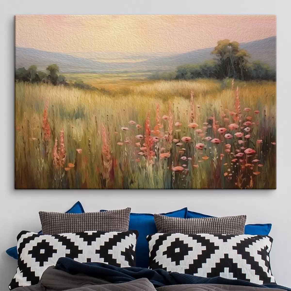 Tableau Paysage champêtre avec fleurs au coucher du soleil s45818
