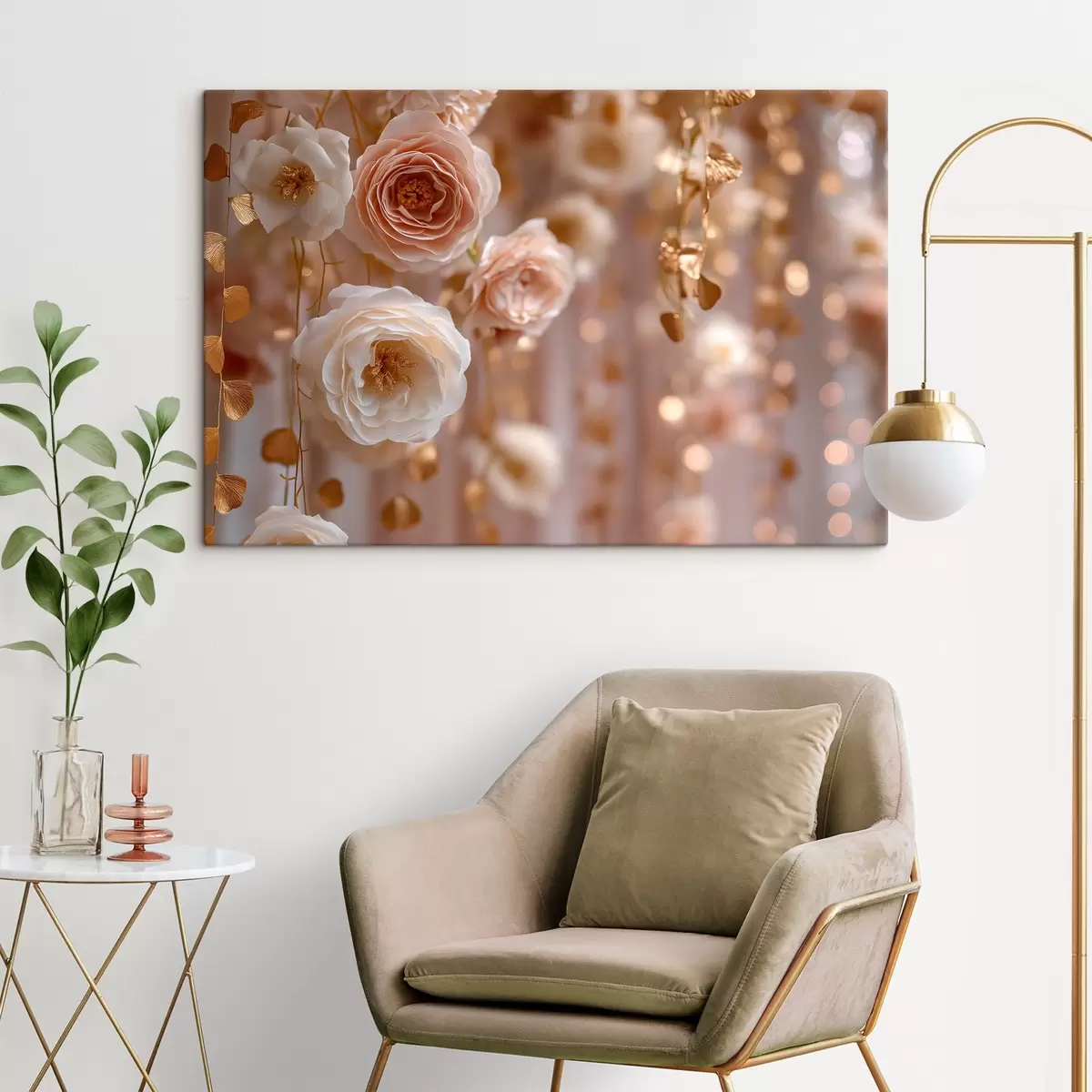 Tableau Roses crème aux accents dorés s45824