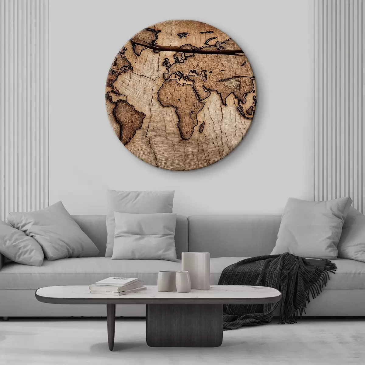 Tableaux rondes Carte du monde gravée sur bois r45805