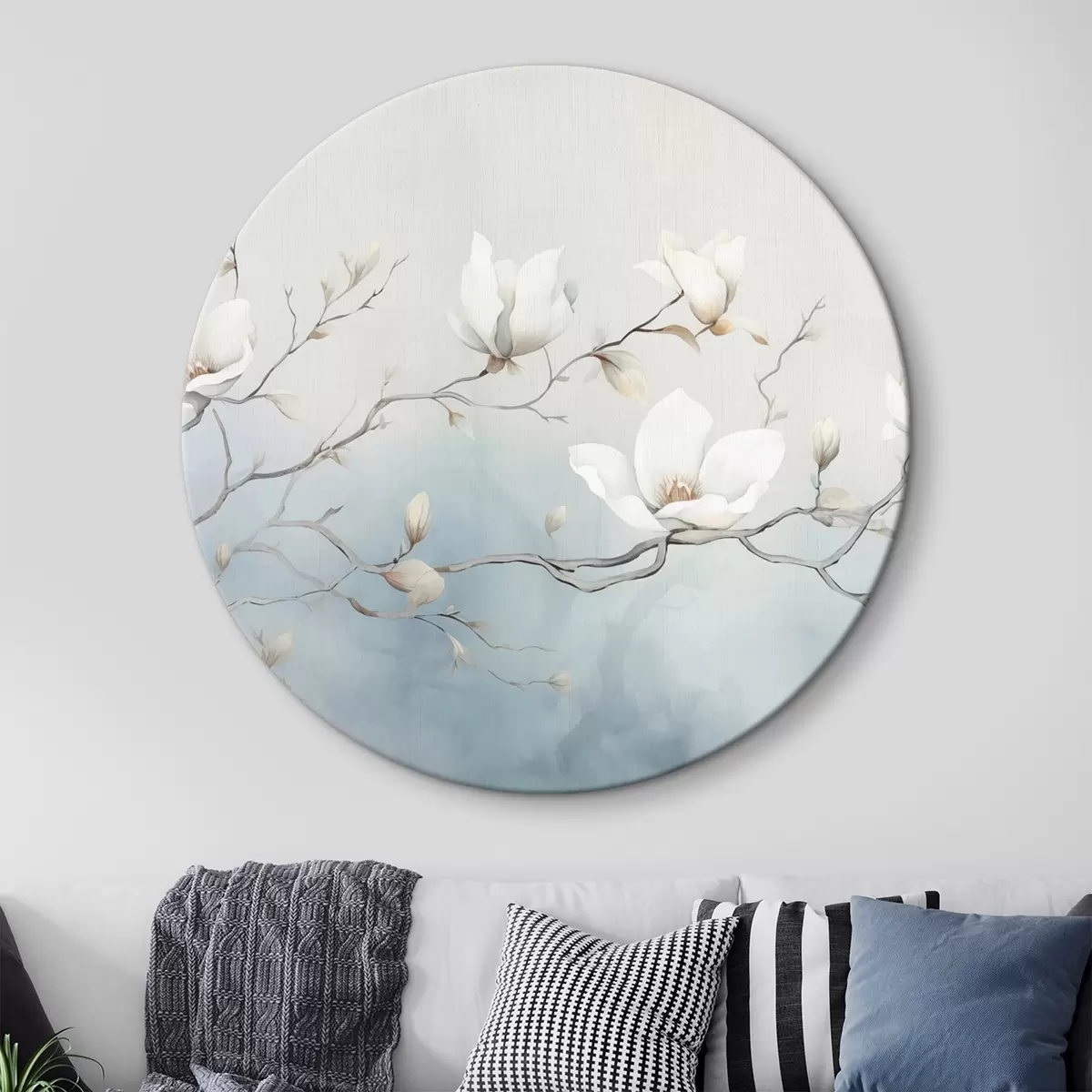 Tableaux rondes Branches de magnolia avec des fleurs blanches sur un fond délicat r45806