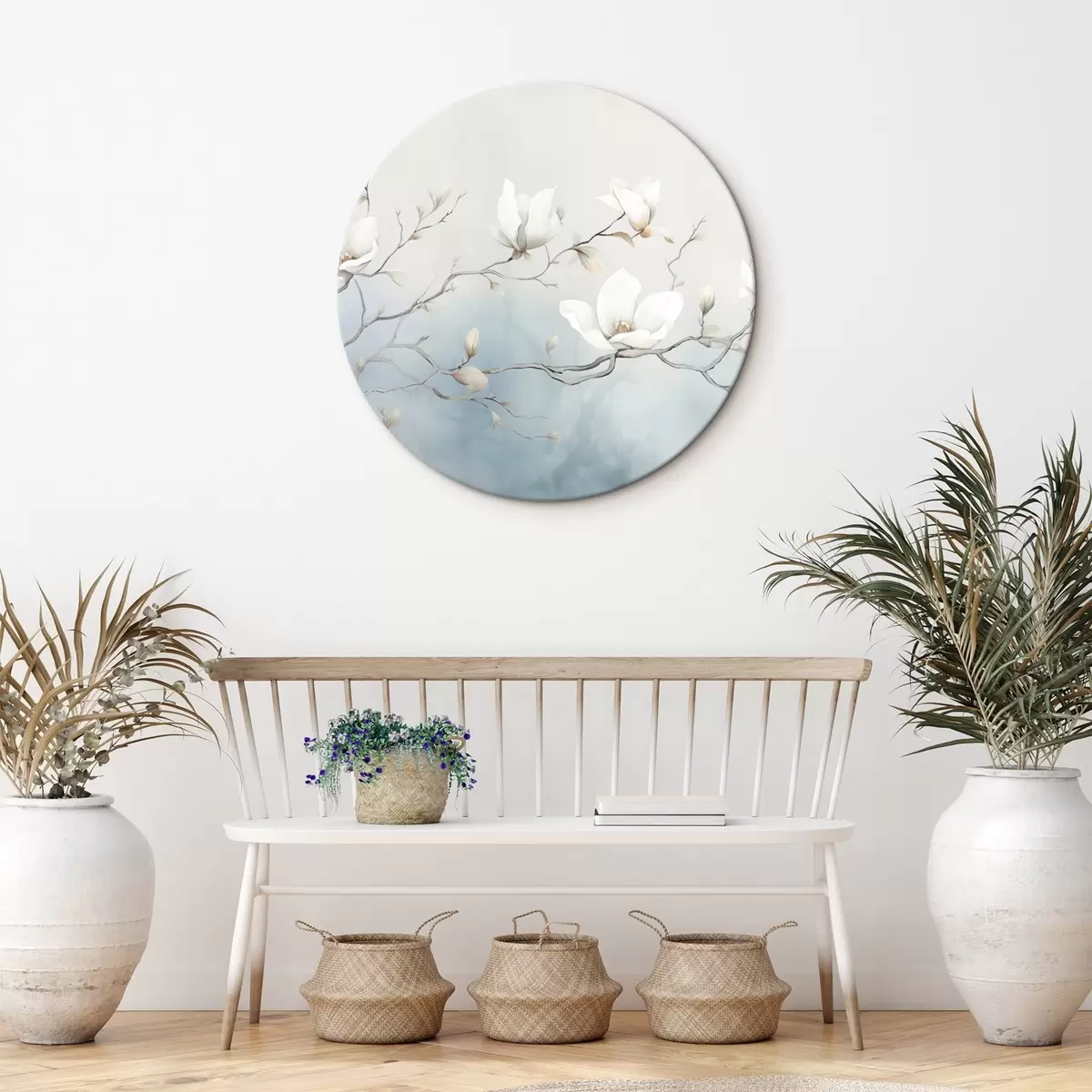 Tableaux rondes Branches de magnolia avec des fleurs blanches sur un fond délicat r45806
