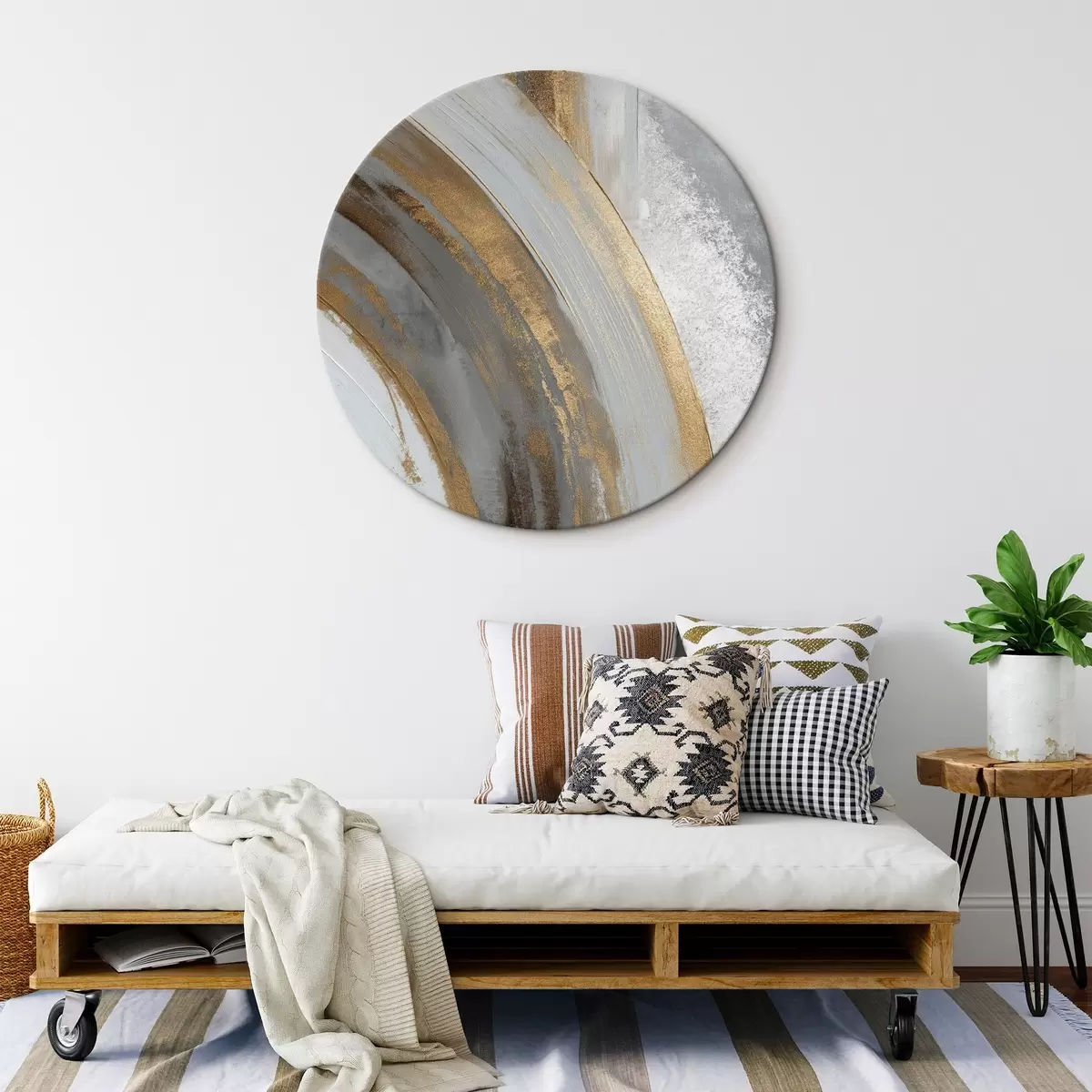 Tableaux rondes Semi-cercles abstraits gris et jaunes r45809