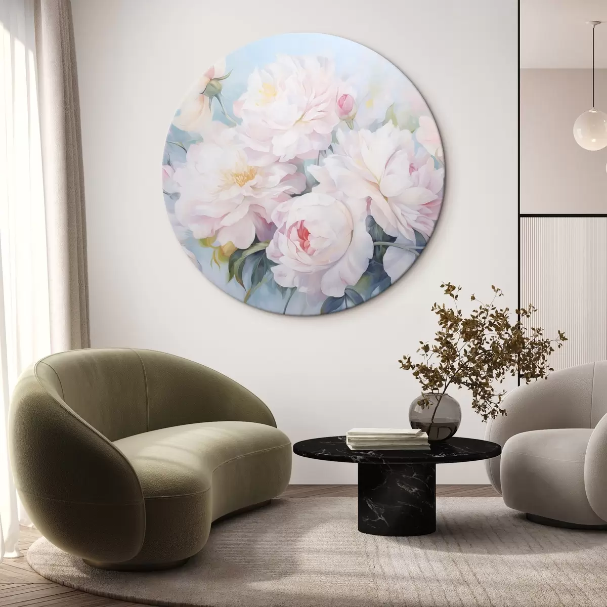 Tableaux rondes Délicates pivoines roses sur fond bleu ciel r45813