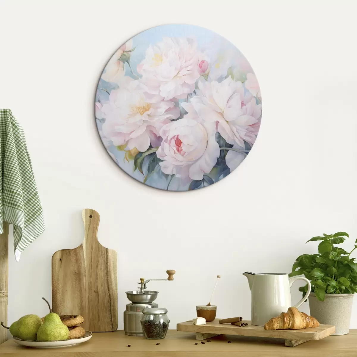 Tableaux rondes Délicates pivoines roses sur fond bleu ciel r45813