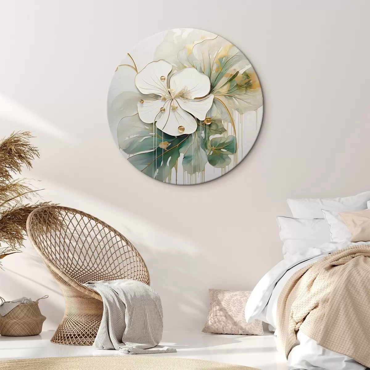 Tableaux rondes Une fleur blanche avec des détails jaune-orange et des feuilles vertes r45815