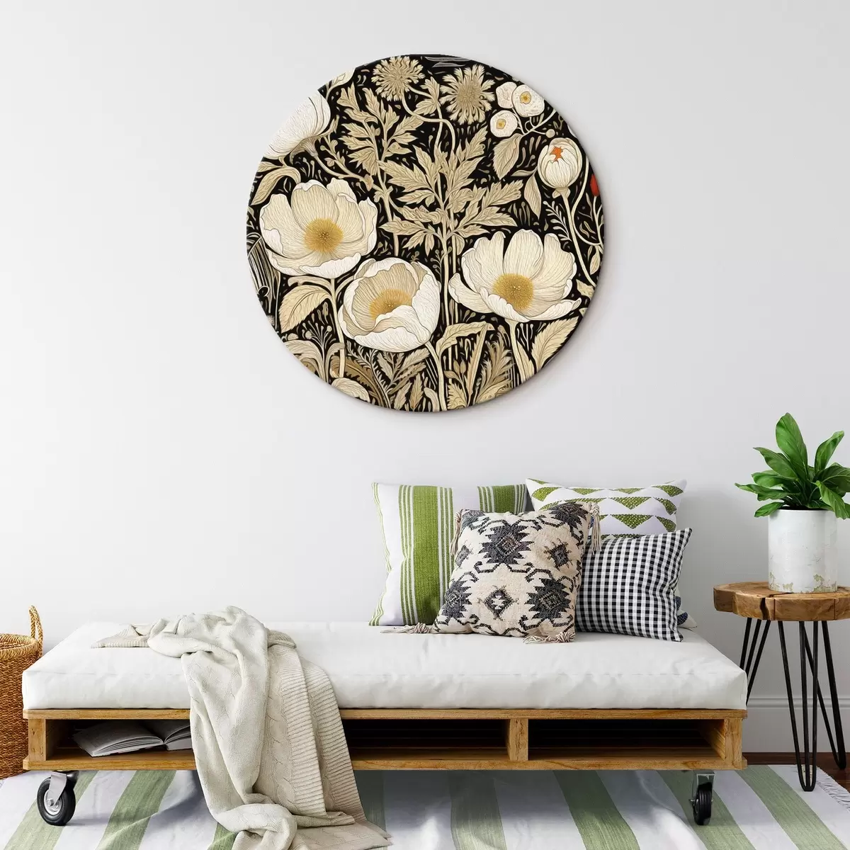 Tableaux rondes Fleurs et herbes crème sur fond noir r45816