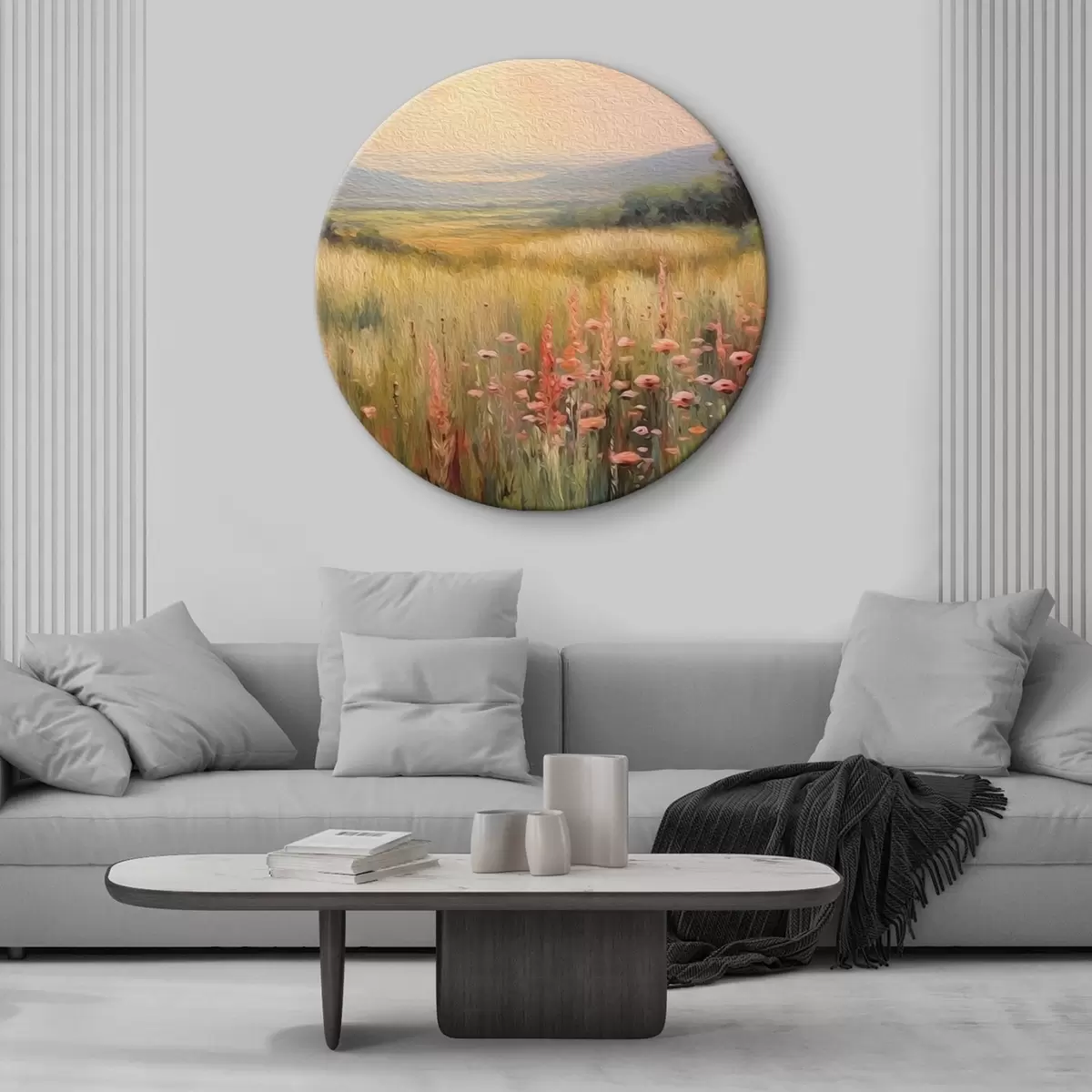 Tableaux rondes Paysage champêtre avec fleurs au coucher du soleil r45818