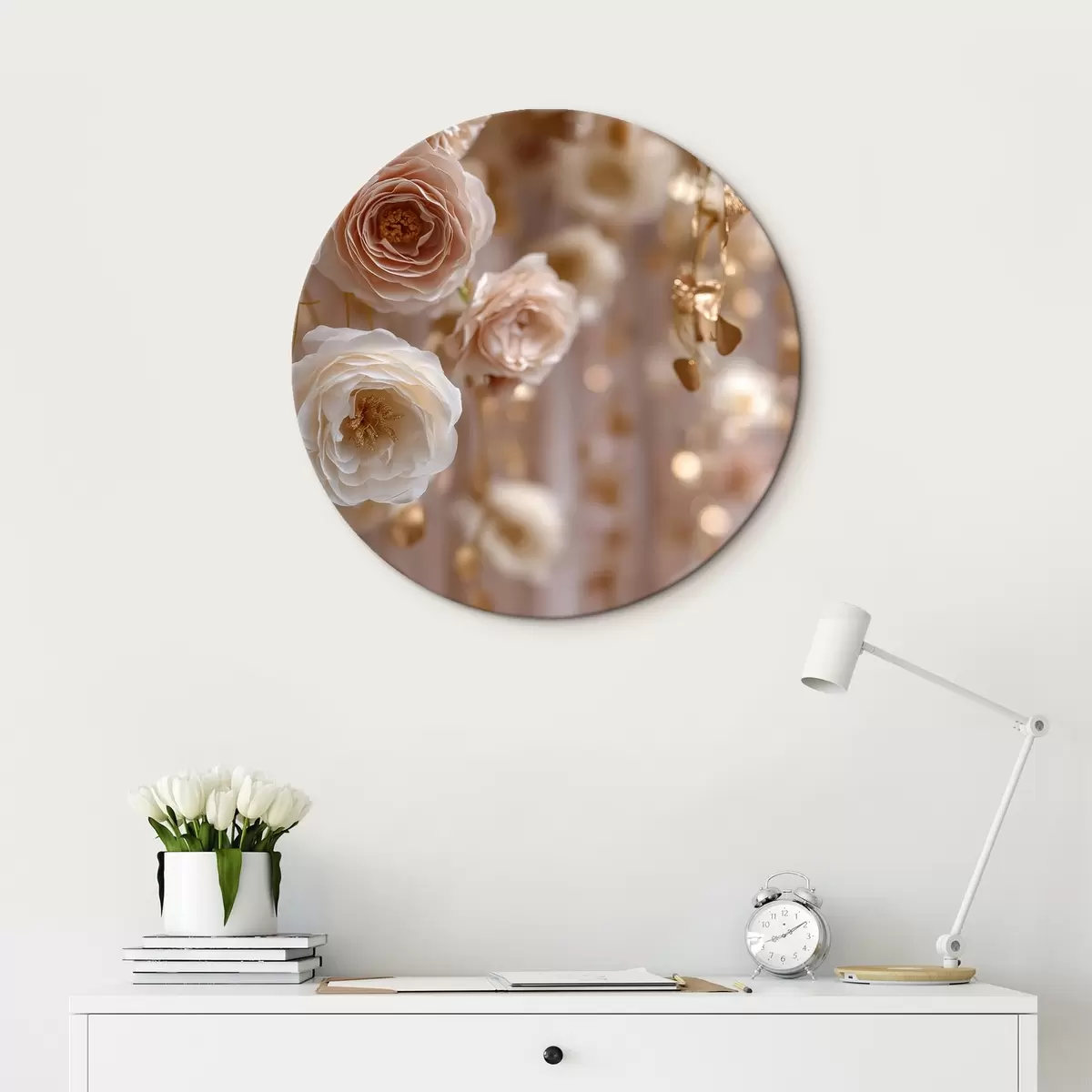 Tableaux rondes Roses crème aux accents dorés r45824