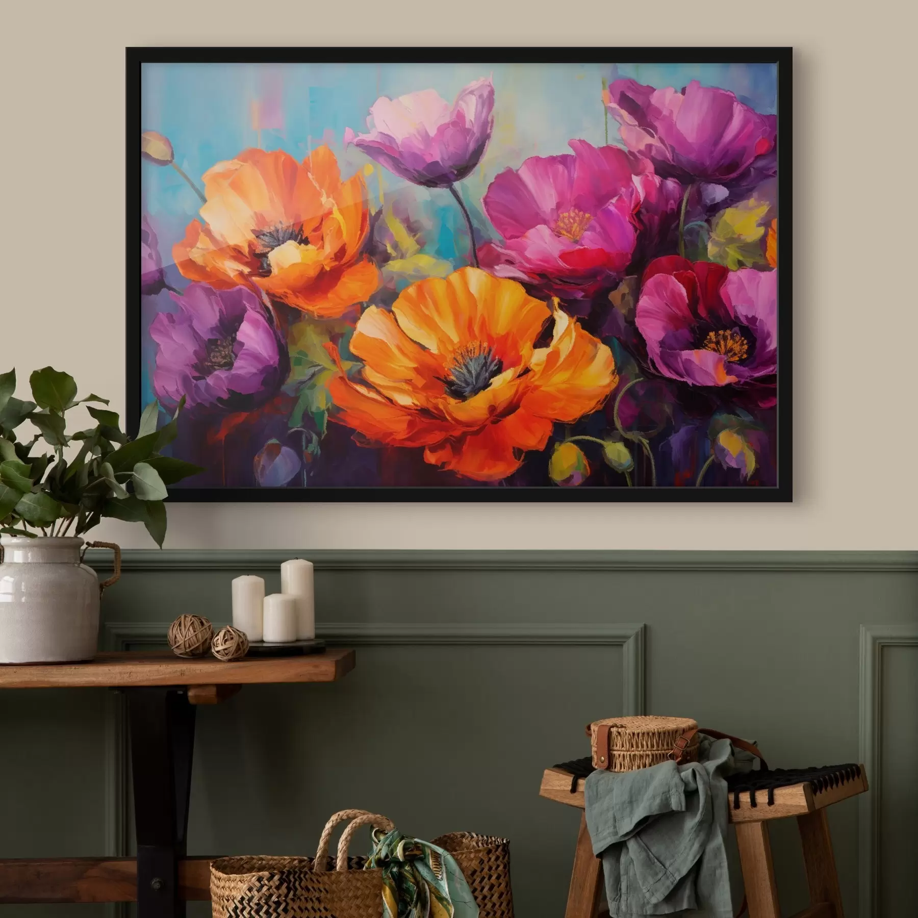 Papier peint Coquelicots lumineux dans des tons violets et orange f45804