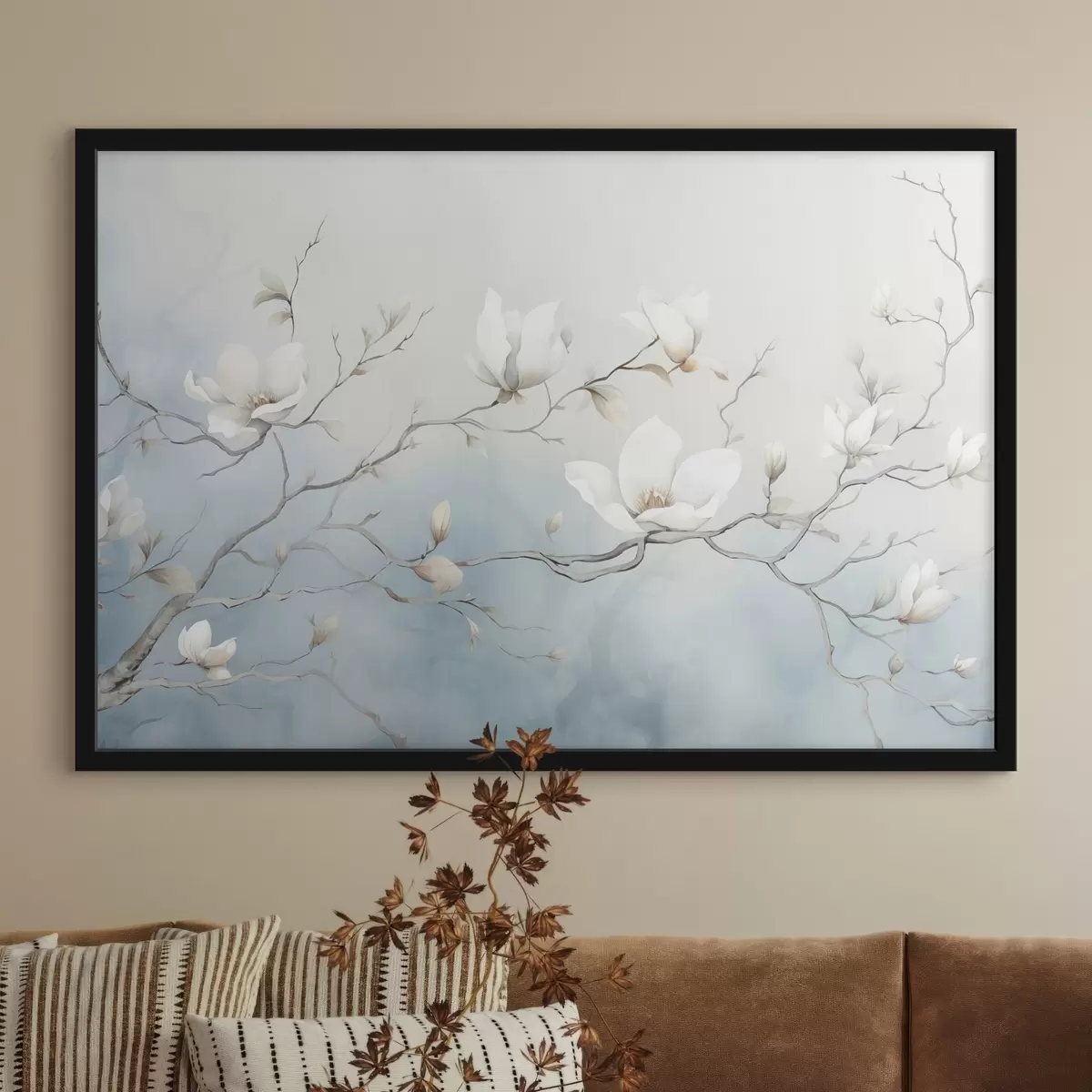 Poster Branches de magnolia avec des fleurs blanches sur un fond délicat f45806