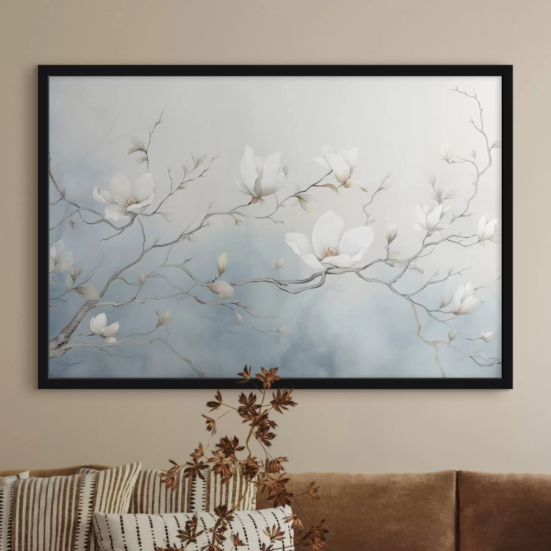 Papier peint Branches de magnolia avec des fleurs blanches sur un fond délicat f45806