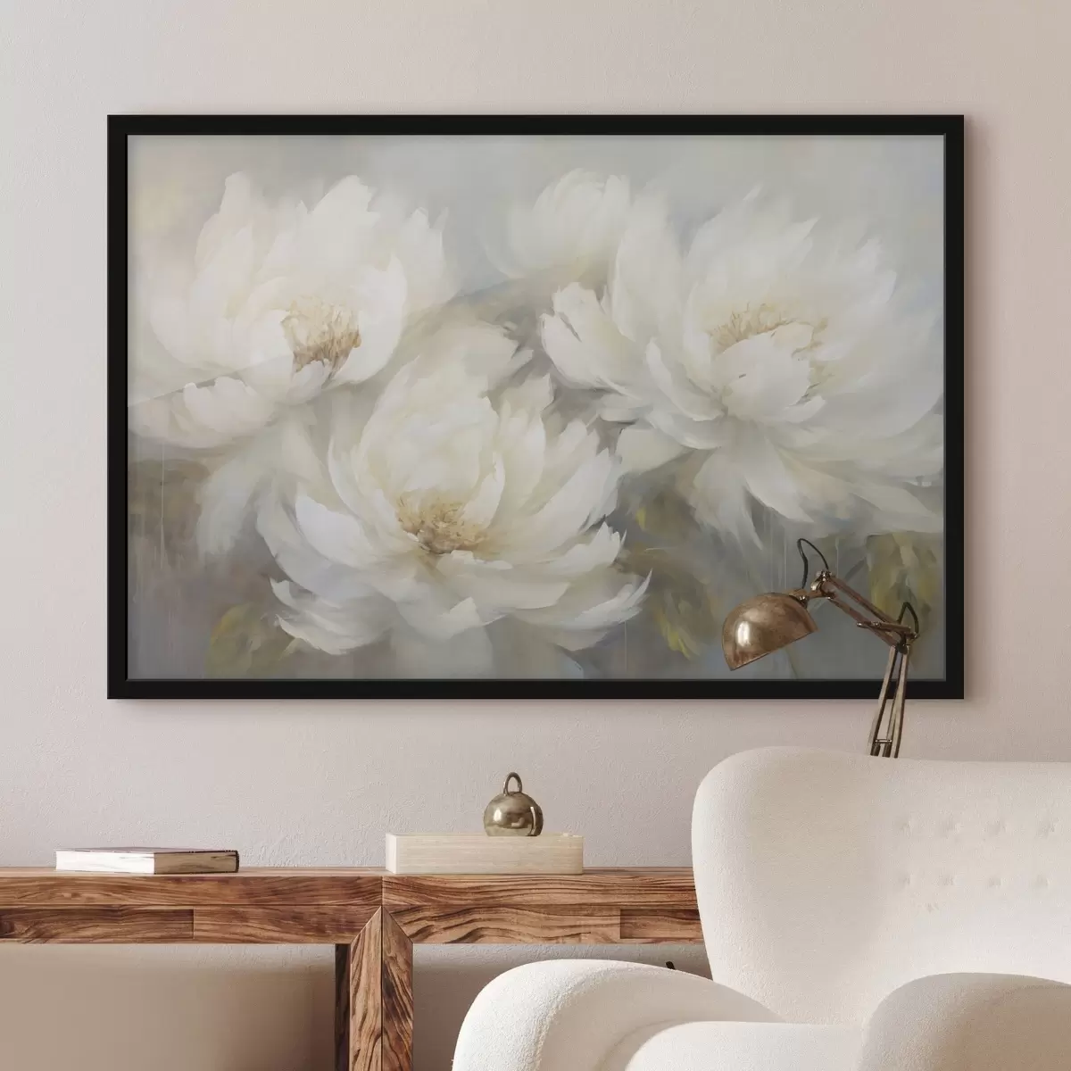 Poster Trois pivoines blanches luxuriantes sur un fond délicat f45808