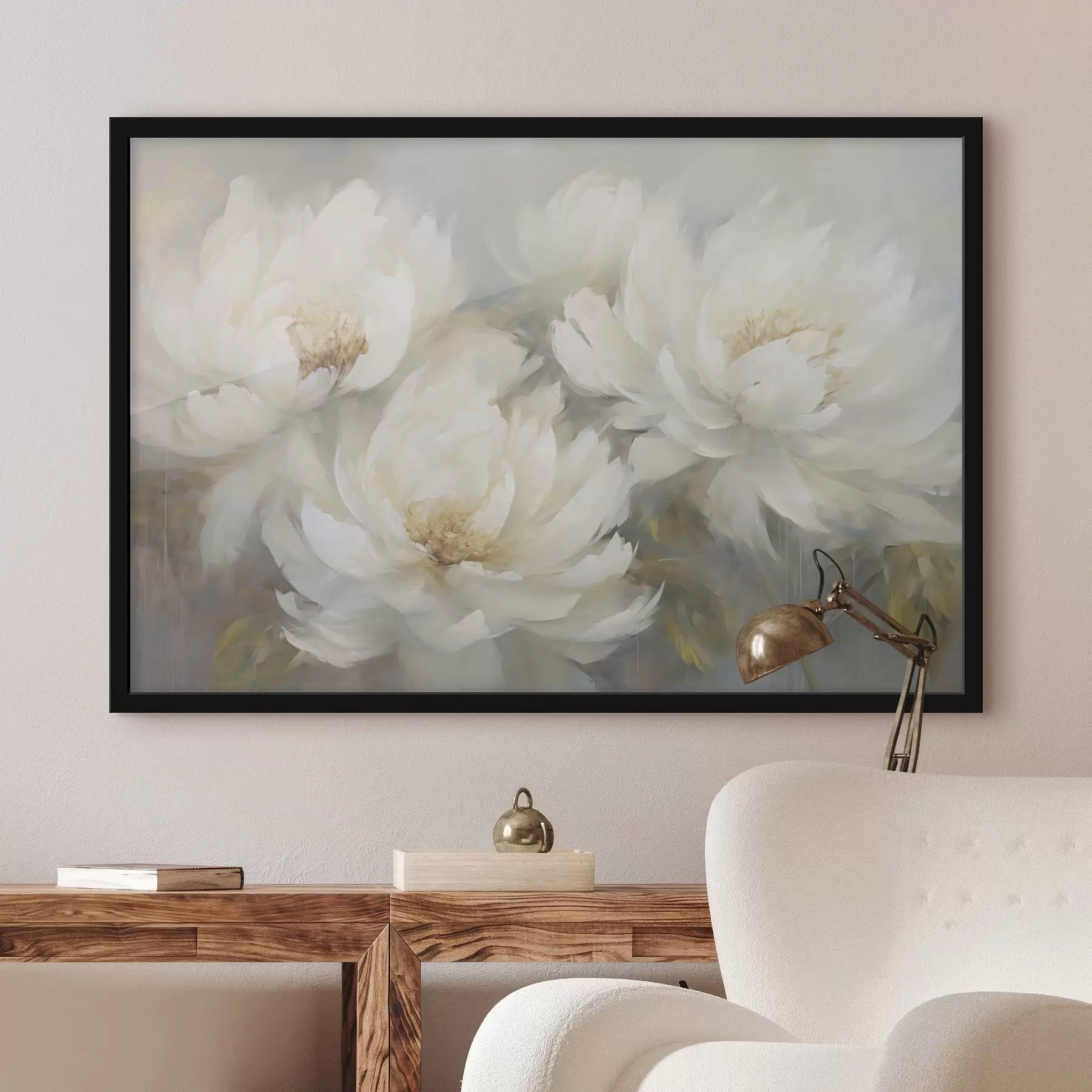 Papier peint Trois pivoines blanches luxuriantes sur un fond délicat f45808