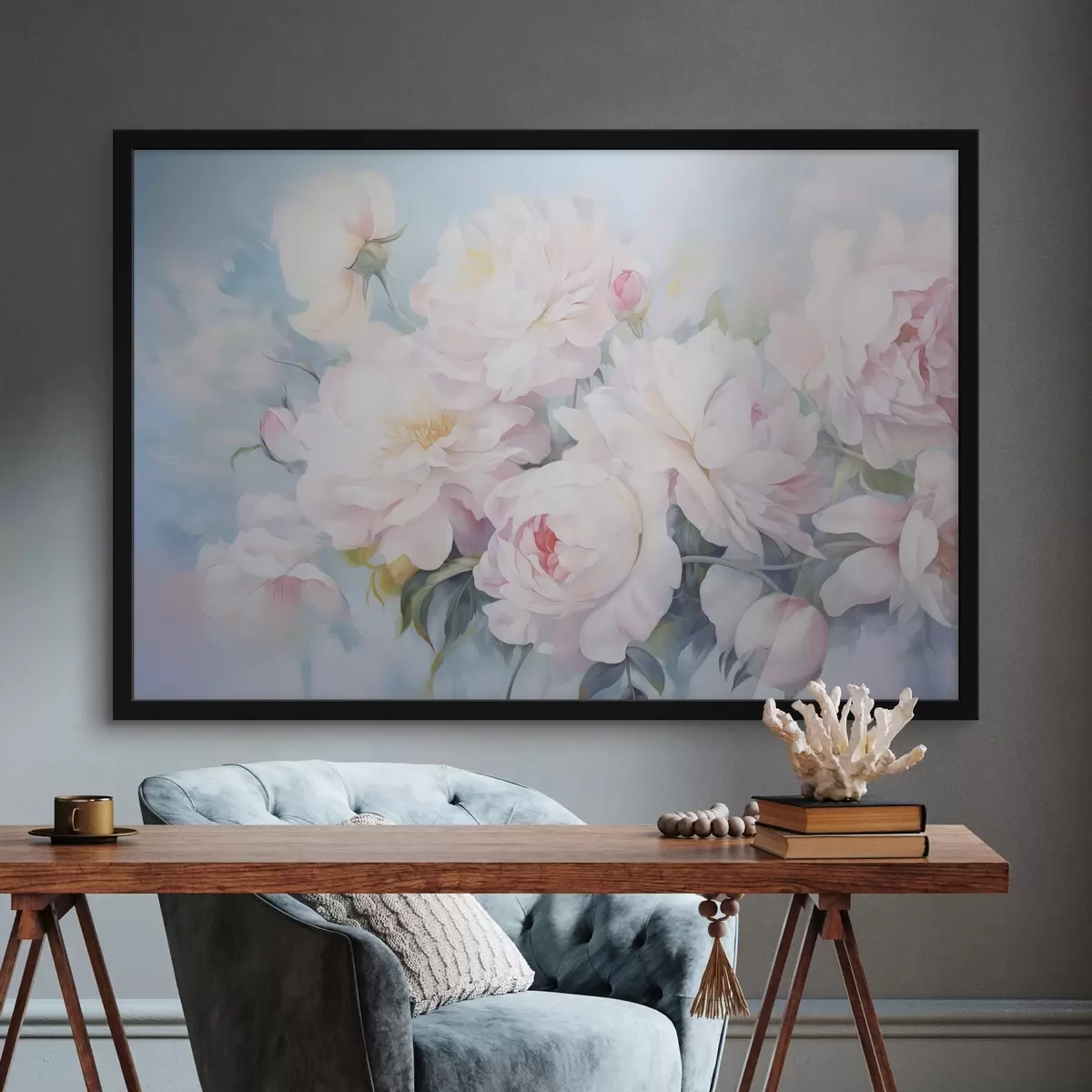 Poster Délicates pivoines roses sur fond bleu ciel f45813