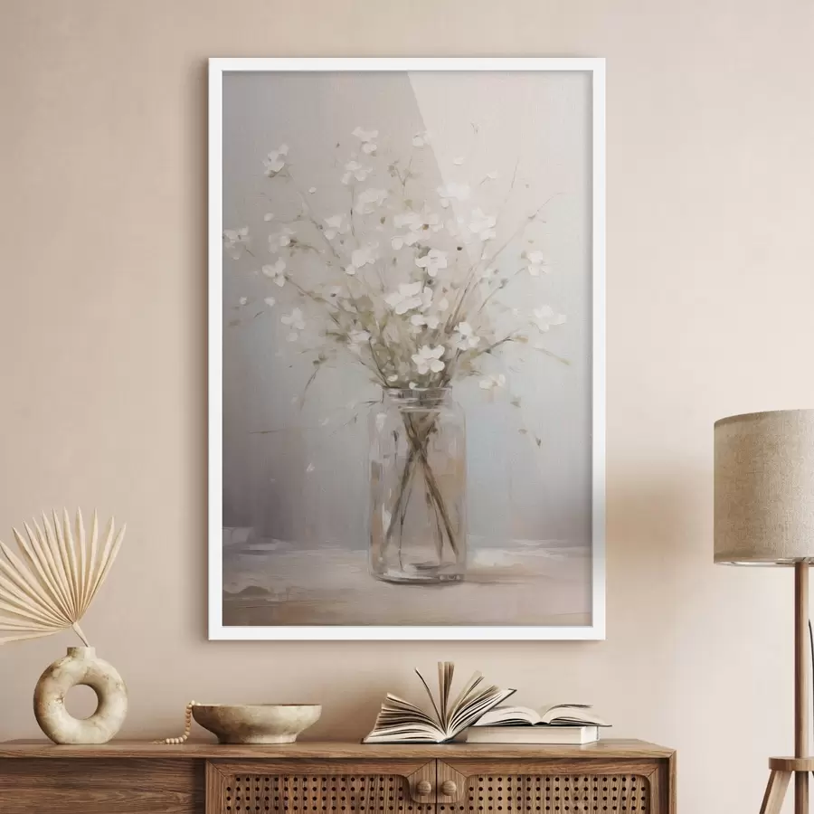 Papier peint Un bouquet de fleurs blanches dans un vase en verre transparent f45814
