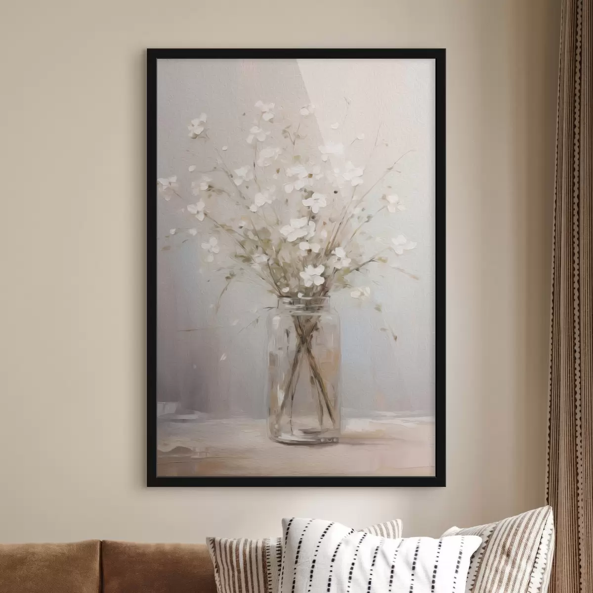 Poster Un bouquet de fleurs blanches dans un vase en verre transparent f45814