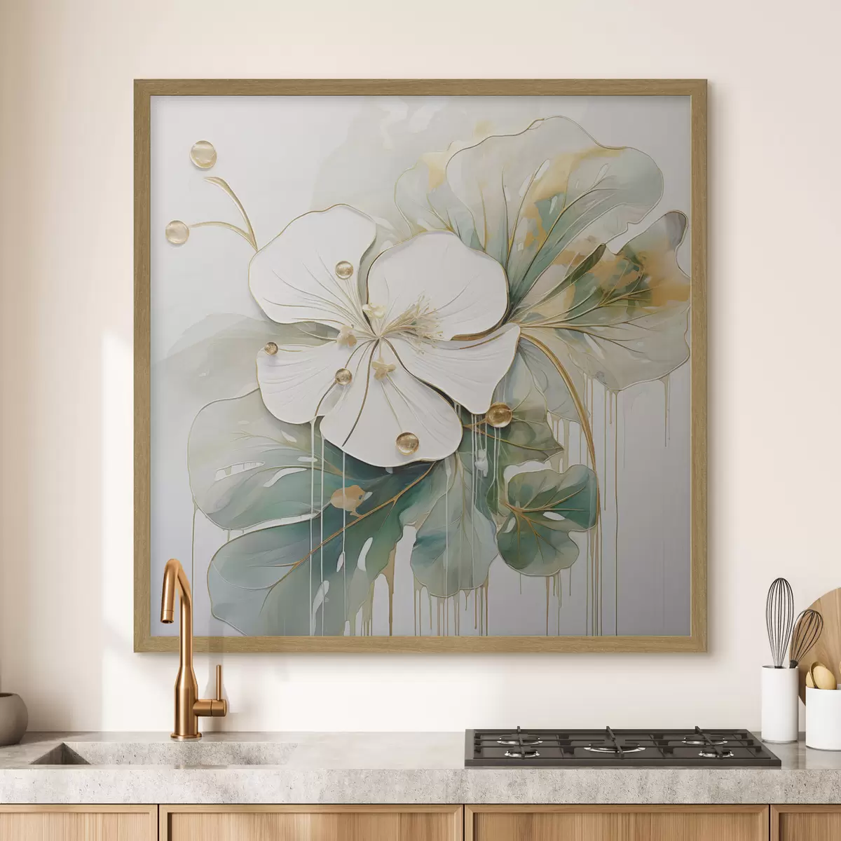 Poster Une fleur blanche avec des détails jaune-orange et des feuilles vertes f45815