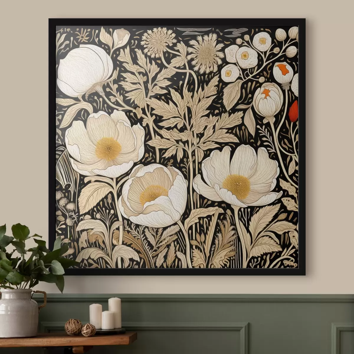 Poster Fleurs et herbes crème sur fond noir f45816