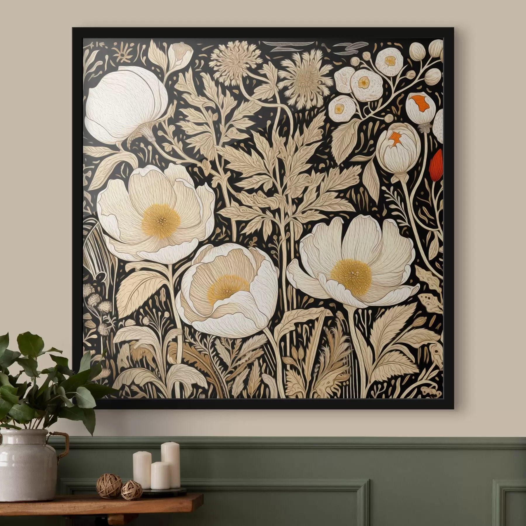 Papier peint Fleurs et herbes crème sur fond noir f45816