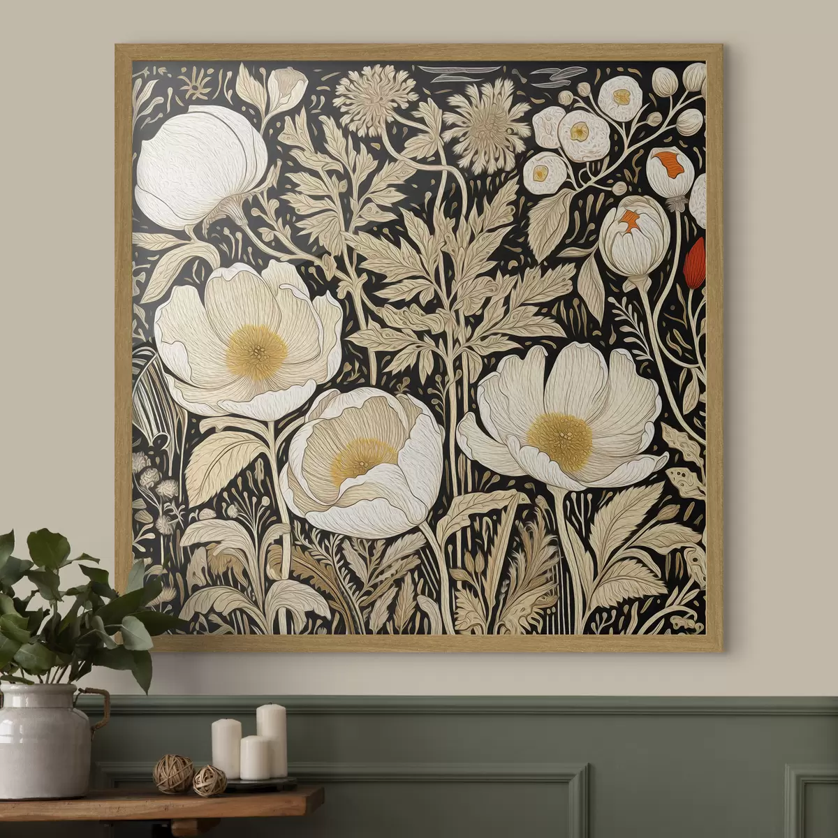 Poster Fleurs et herbes crème sur fond noir f45816