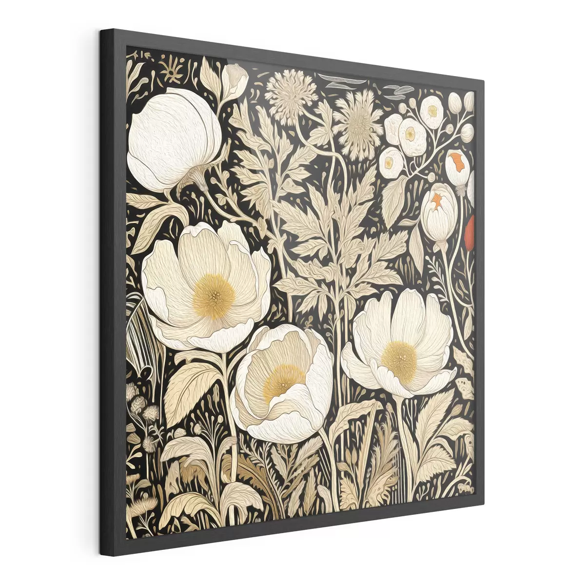 Poster Fleurs et herbes crème sur fond noir f45816