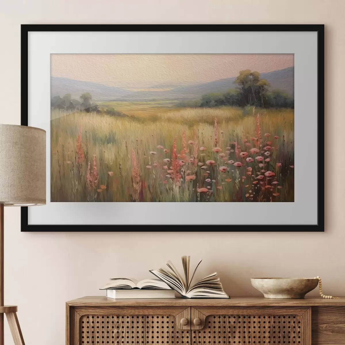 Poster Paysage champêtre avec fleurs au coucher du soleil f45818