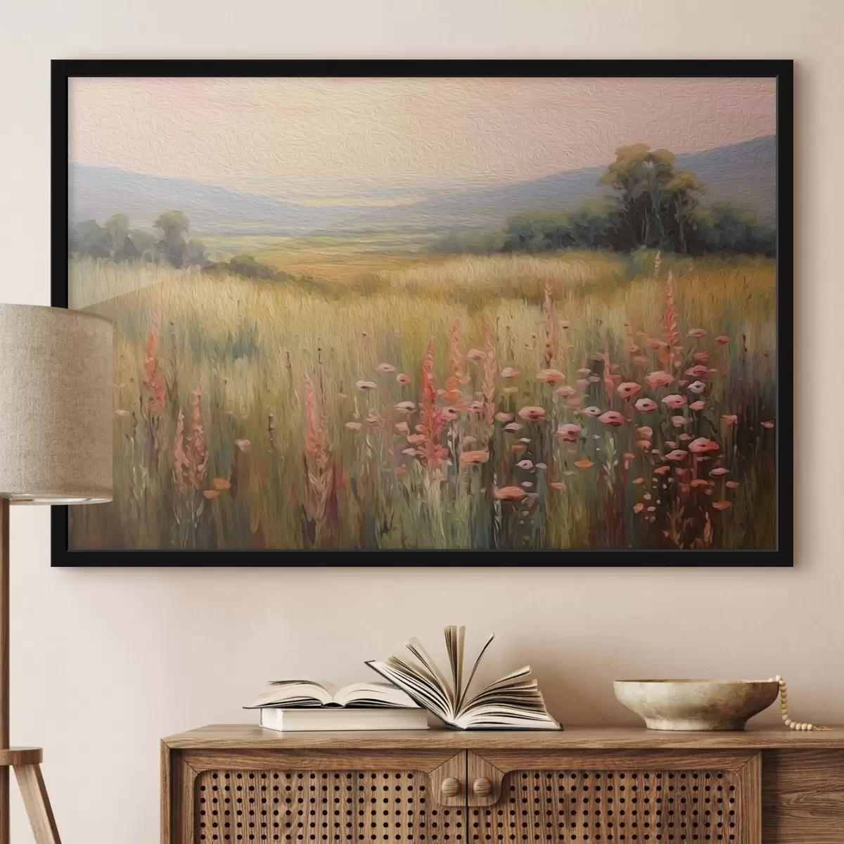 Poster Paysage champêtre avec fleurs au coucher du soleil f45818
