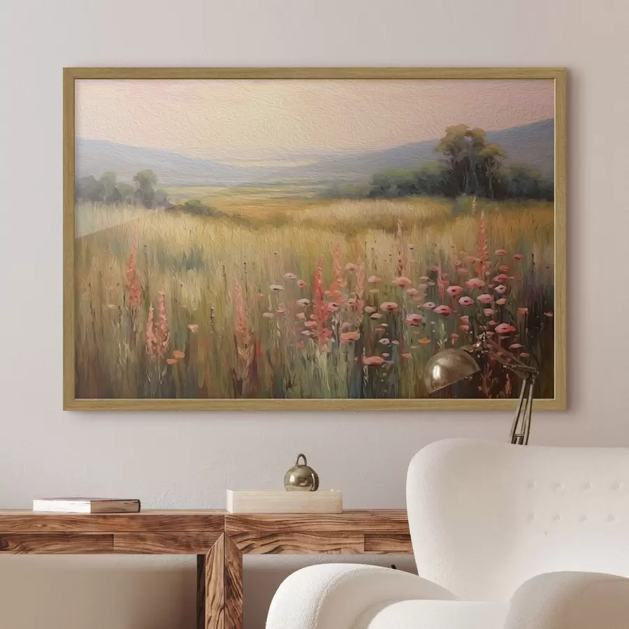 Papier peint Paysage champêtre avec fleurs au coucher du soleil f45818