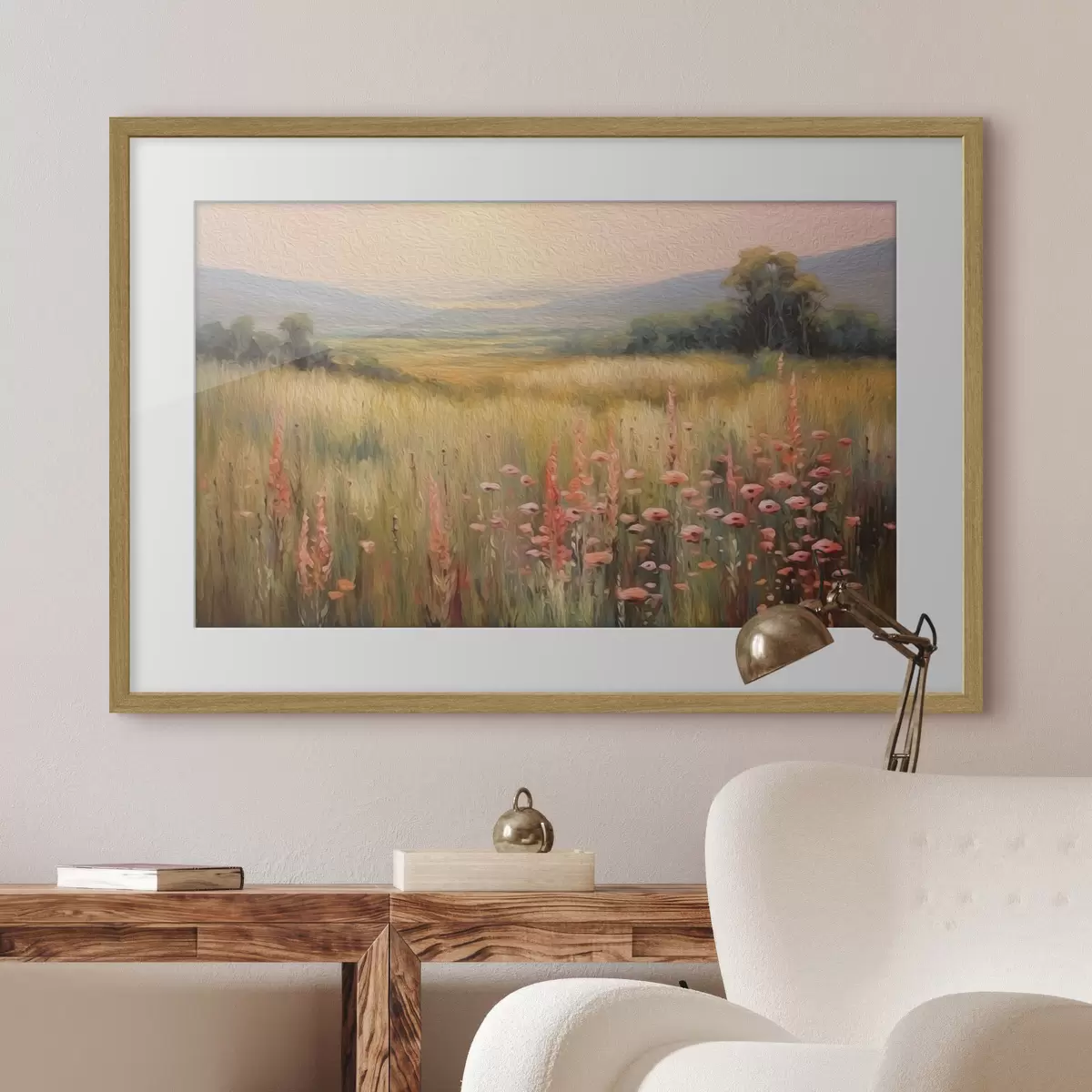 Poster Paysage champêtre avec fleurs au coucher du soleil f45818