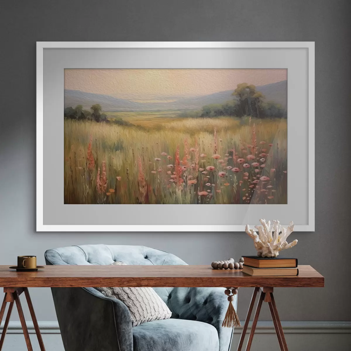 Poster Paysage champêtre avec fleurs au coucher du soleil f45818