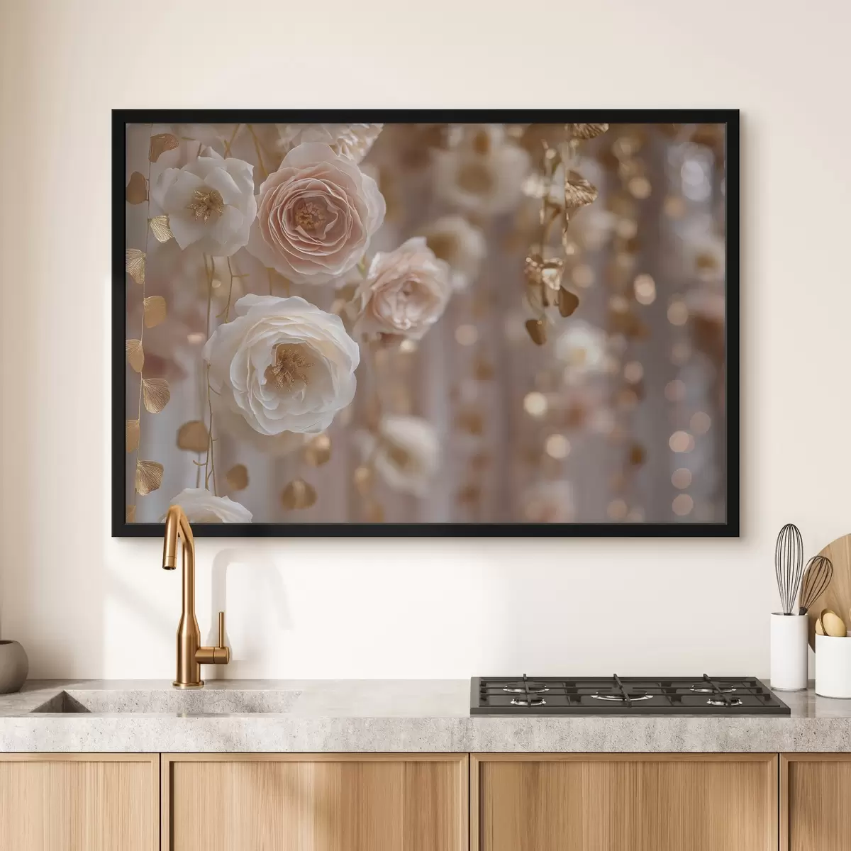 Poster Roses crème aux accents dorés f45824