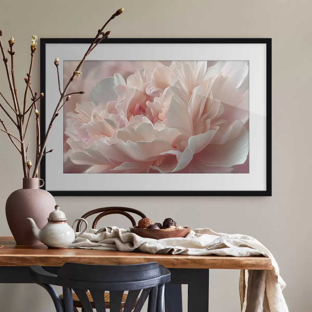Poster Pivoine en fleurs dans les tons rose et beige f45825