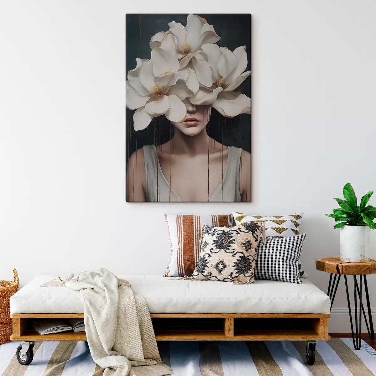 Tableau Femme avec des fleurs blanches sur la tête s45843