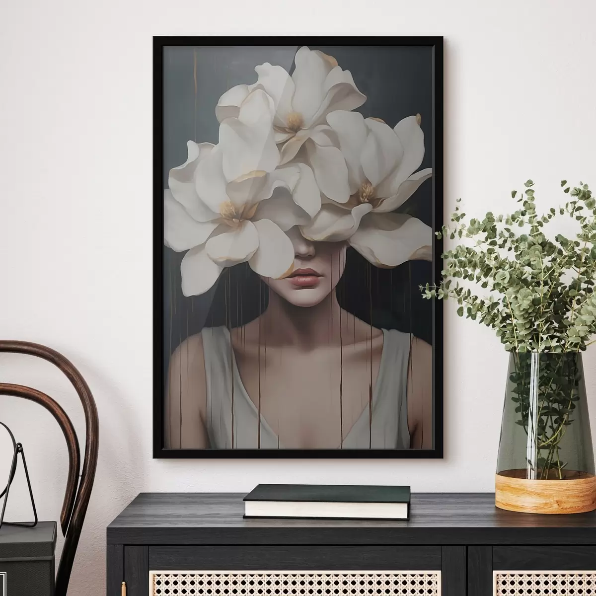 Poster Femme avec des fleurs blanches sur la tête f45843
