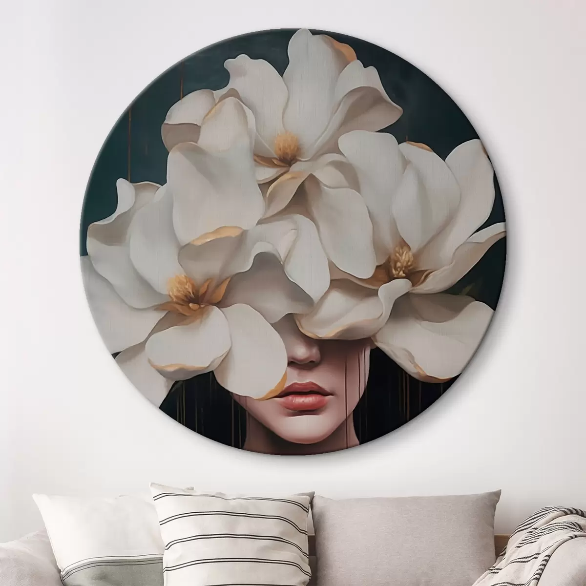 Tableaux rondes Femme avec des fleurs blanches sur la tête r45843