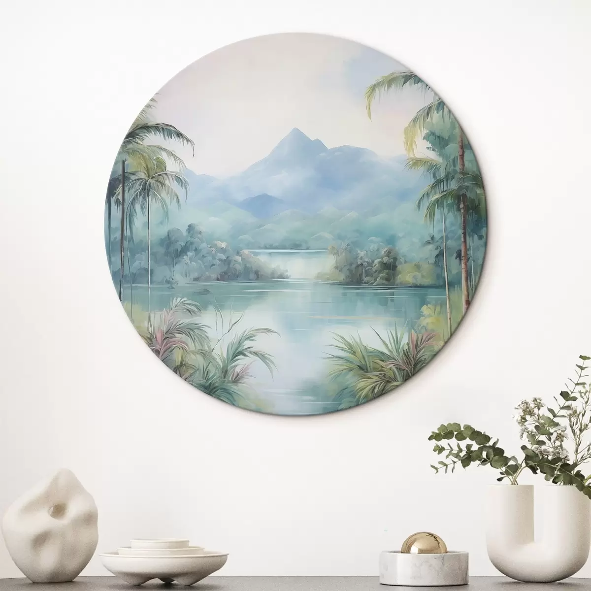 Tableaux rondes Rivière dans la jungle devant la montagne r45912