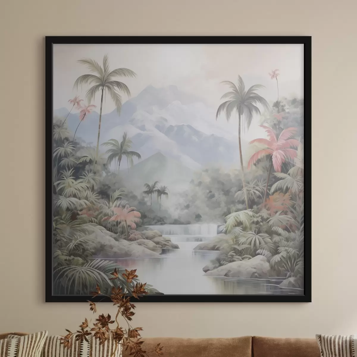 Poster Rivière dans la forêt tropicale devant les montagnes f45913