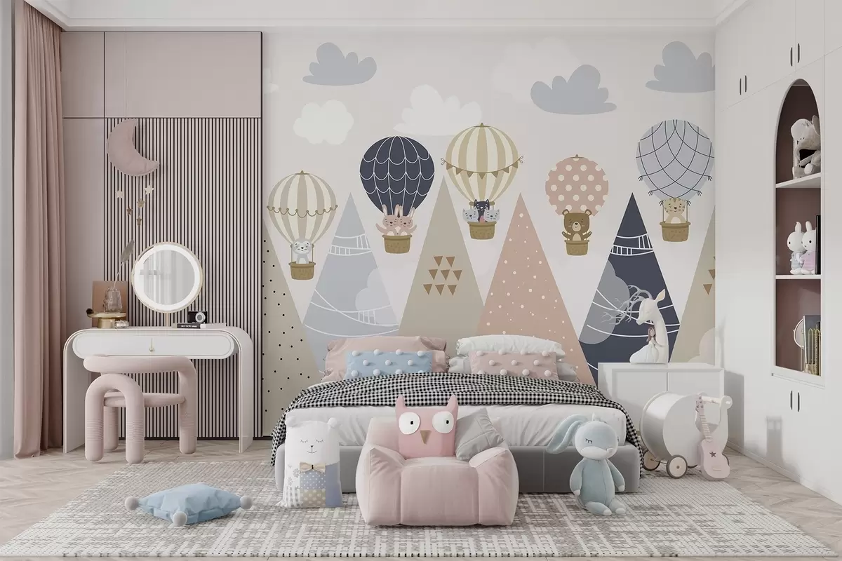Papier peint Ballons avec des animaux au-dessus des montagnes w04587