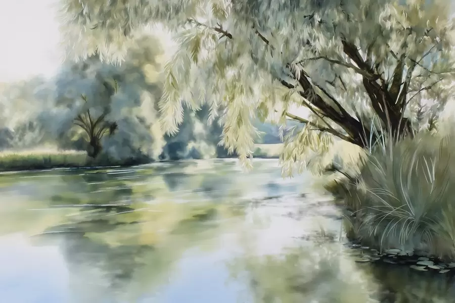 Papier peint arbre de style aquarelle au-dessus du lac w04501