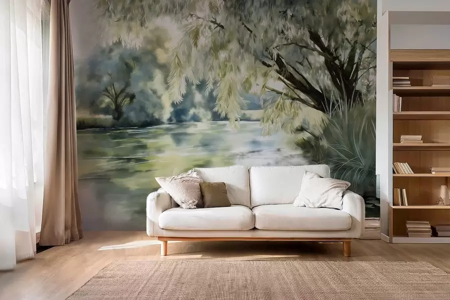 Papier peint arbre de style aquarelle au-dessus du lac w04501