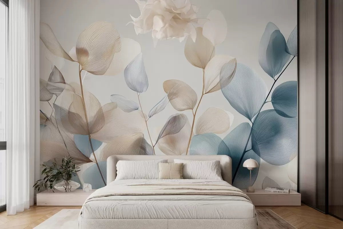 Papier peint feuilles d'eucalyptus élégantes avec nervures w04503