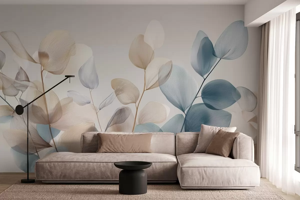 Papier peint feuilles d'eucalyptus élégantes avec nervures w04503