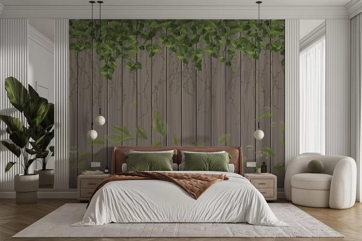 Papier peint Planches en bois imitation avec feuilles suspendues w04603