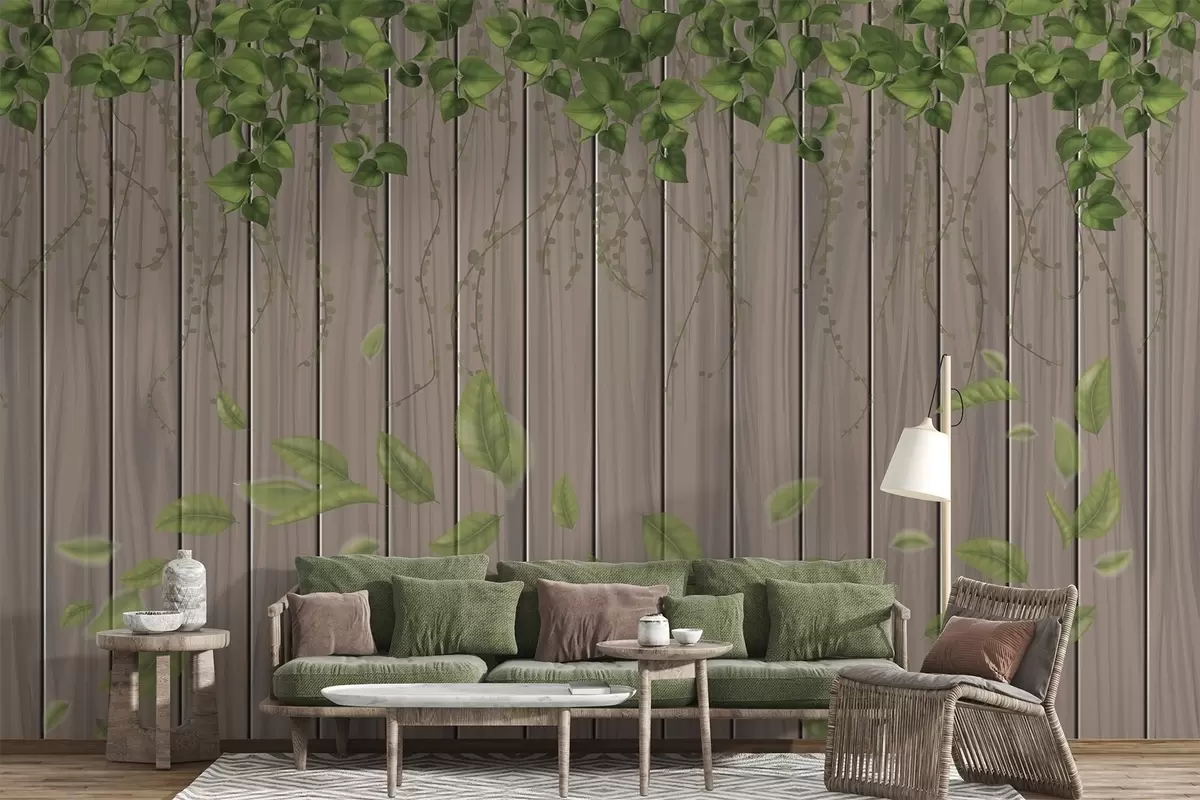 Papier peint Planches en bois imitation avec feuilles suspendues w04603