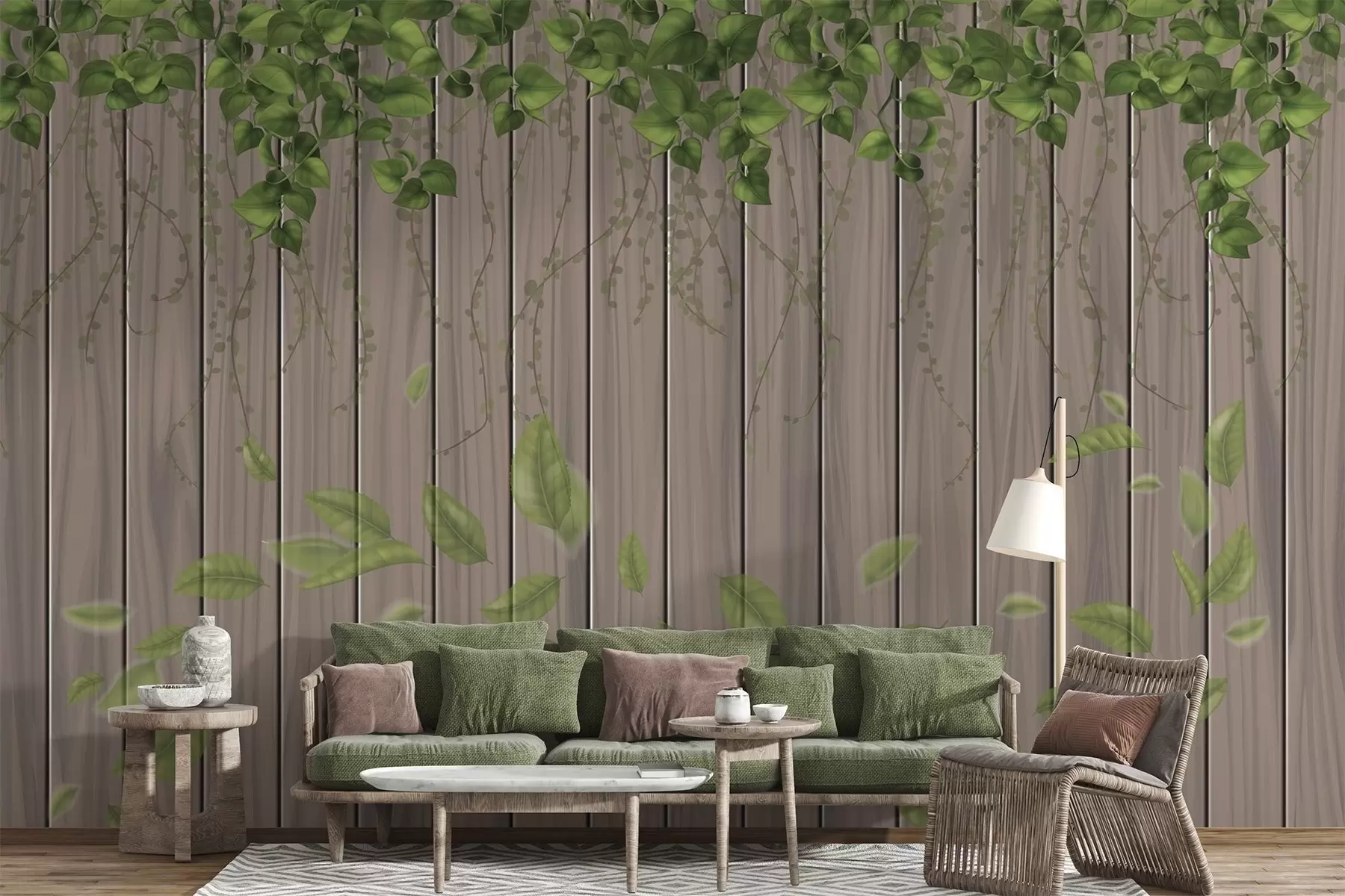 Papier peint Planches en bois imitation avec feuilles suspendues w04603